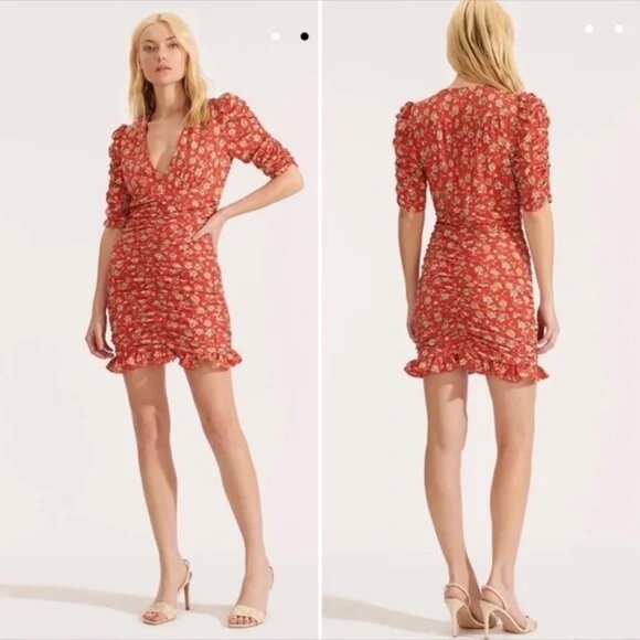 Veronica Beard Dresses & Skirts - Veronica Beard - Josephine Floral Print Ruched Silk Mini Dress Red Yellow Size 0